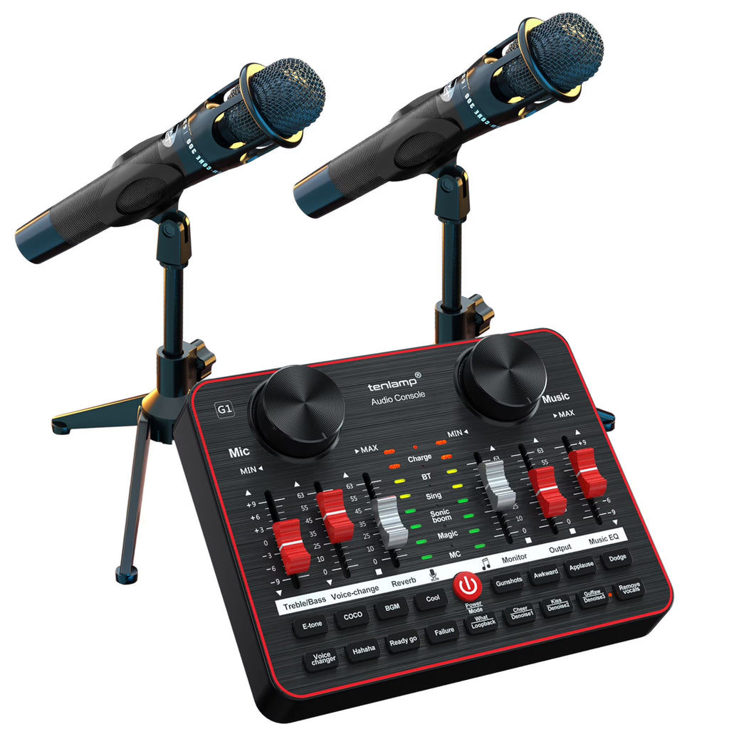Podcast Equipment Bundle with Two E300 Studio Condenser Microphones and G1 Audio Interface Sound Board Voice Changer V8904