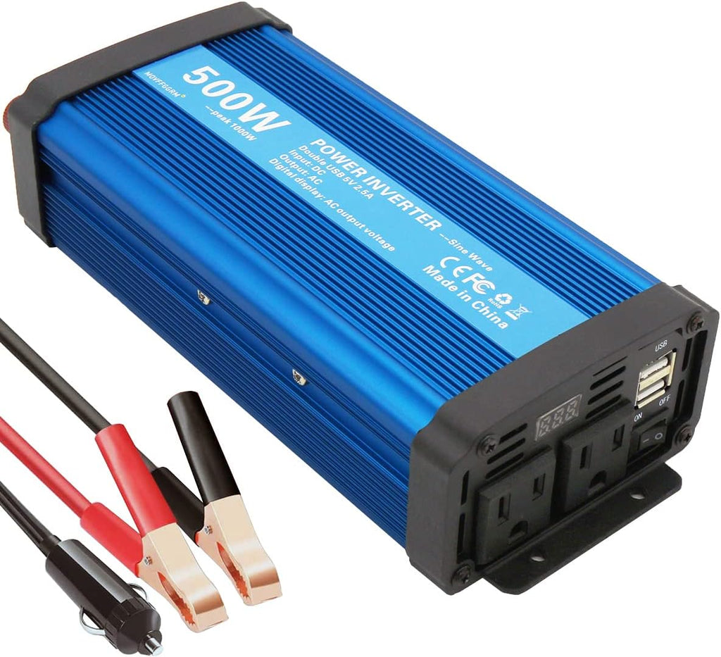 500W Pure Sine Wave Power Inverter DC 12V to 110V AC with 2.4A USB Car Charger Adapter I28296