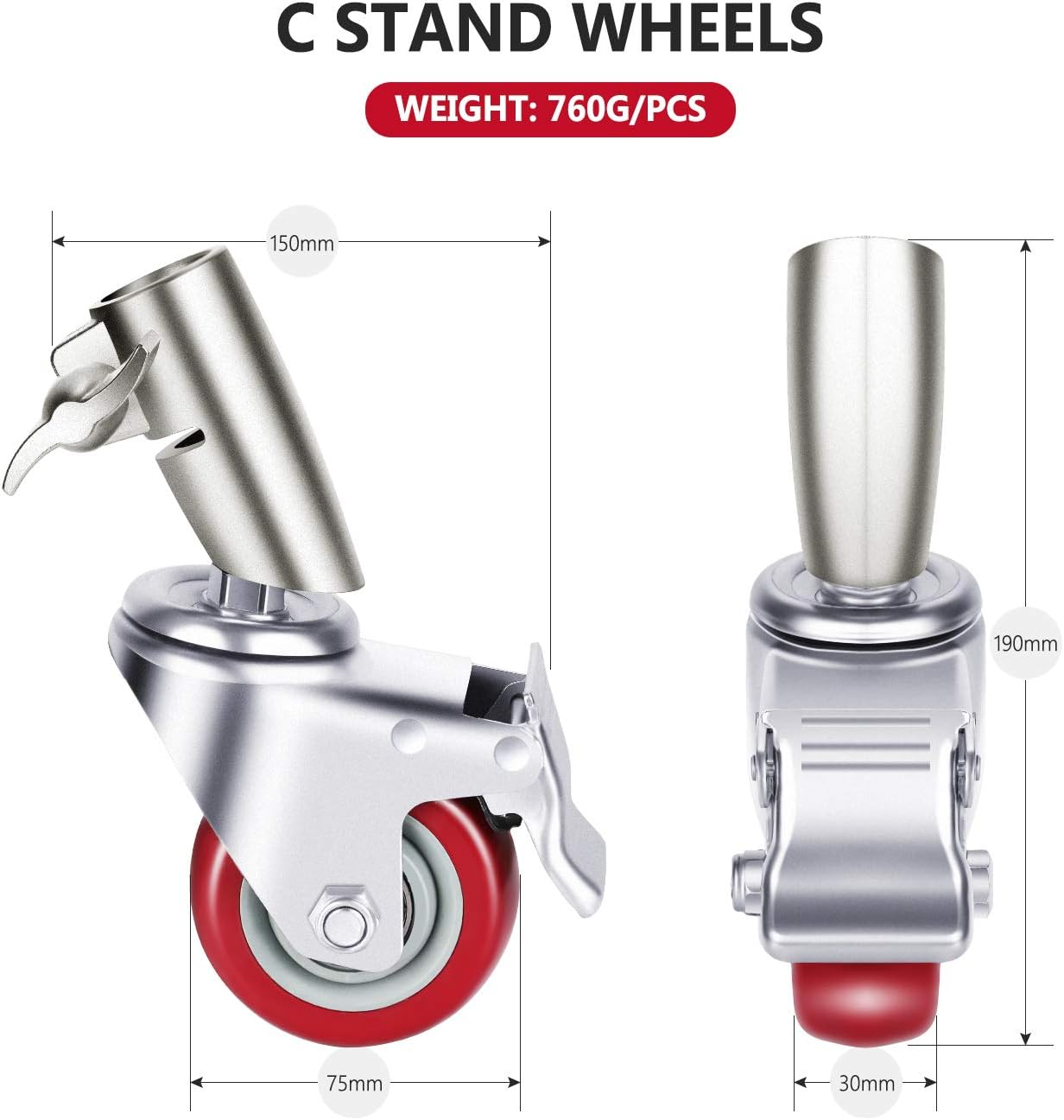 3 Packs Swivel Caster Wheels Set with 75mm Diameter, Durable Metal Construction with Rubber Base W422