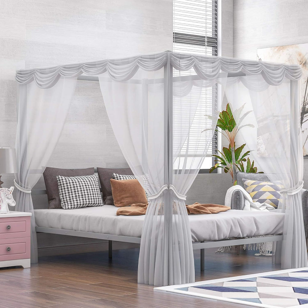 Queen Size Metal Canopy Bed Frame with Built-in Headboard D91300