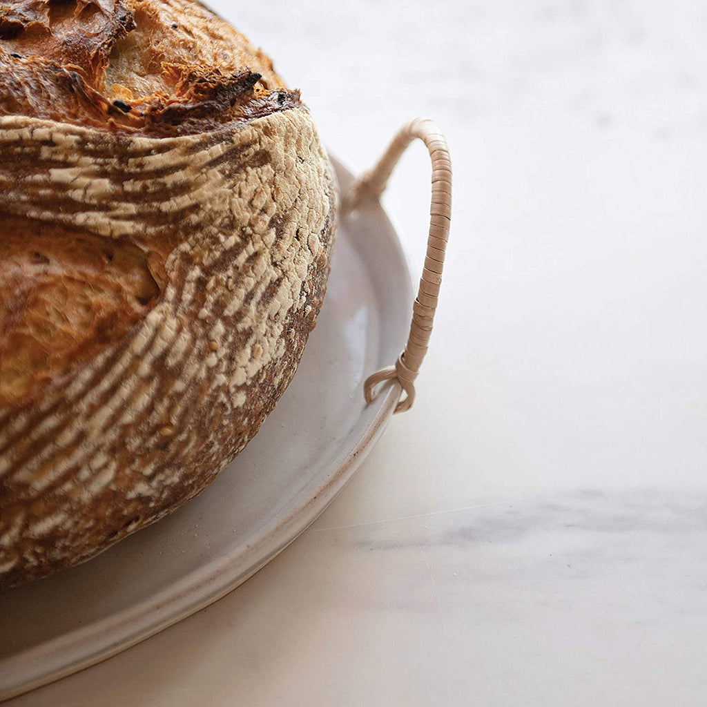 Stoneware Platter with Rattan Wrapped Handles, Reactive Glaze, White & Brown G257170
