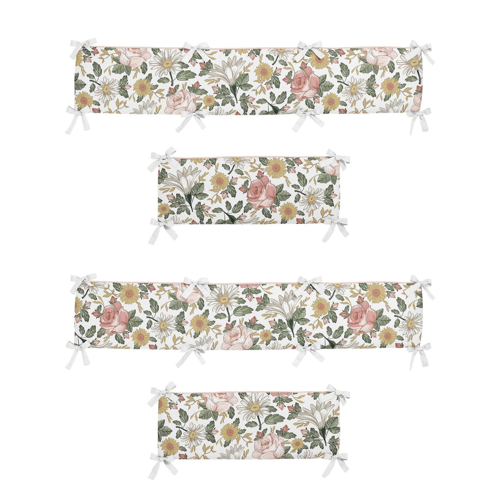 Vintage Floral Boho Baby Girl Nursery Crib Bedding Set with Bumper - 9 Pieces - Blush Pink, Yellow, Green J817