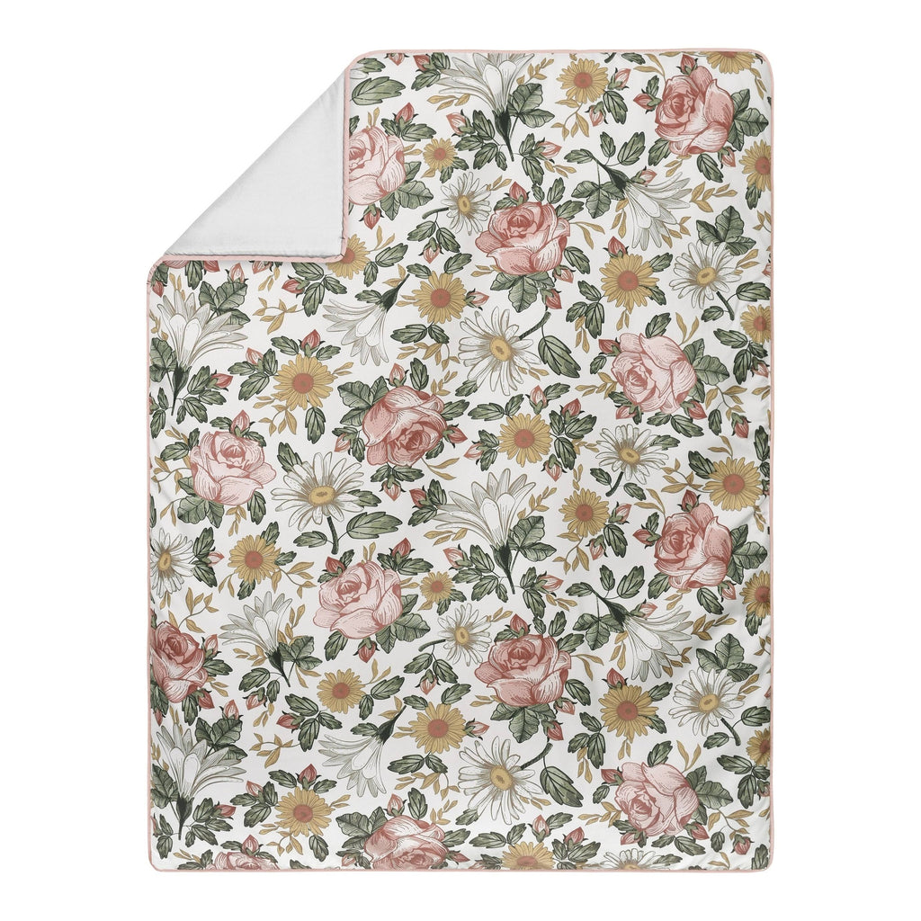 Vintage Floral Boho Baby Girl Nursery Crib Bedding Set with Bumper - 9 Pieces - Blush Pink, Yellow, Green J817