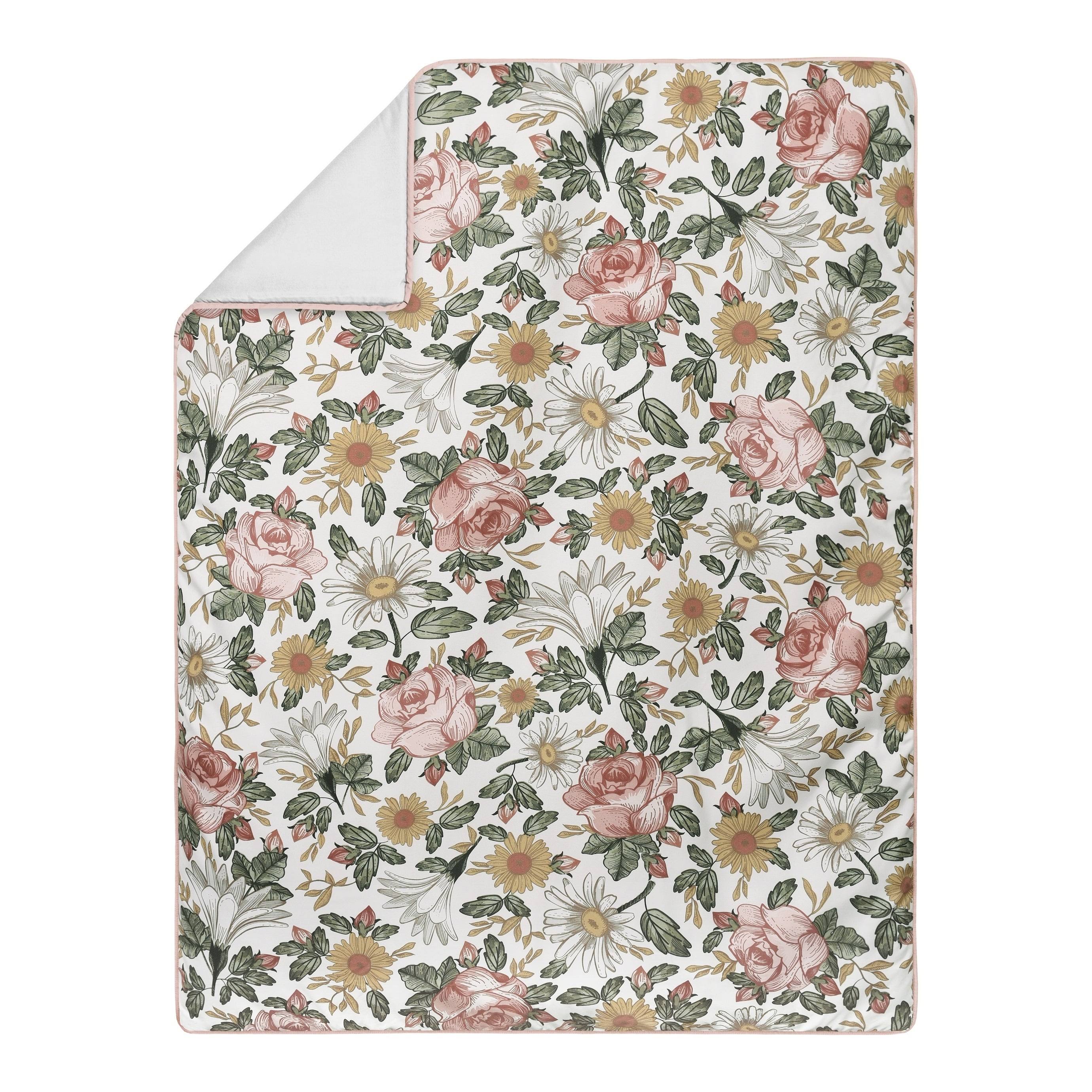 Vintage Floral Boho Baby Girl Nursery Crib Bedding Set with Bumper - 9 Pieces - Blush Pink, Yellow, Green J817
