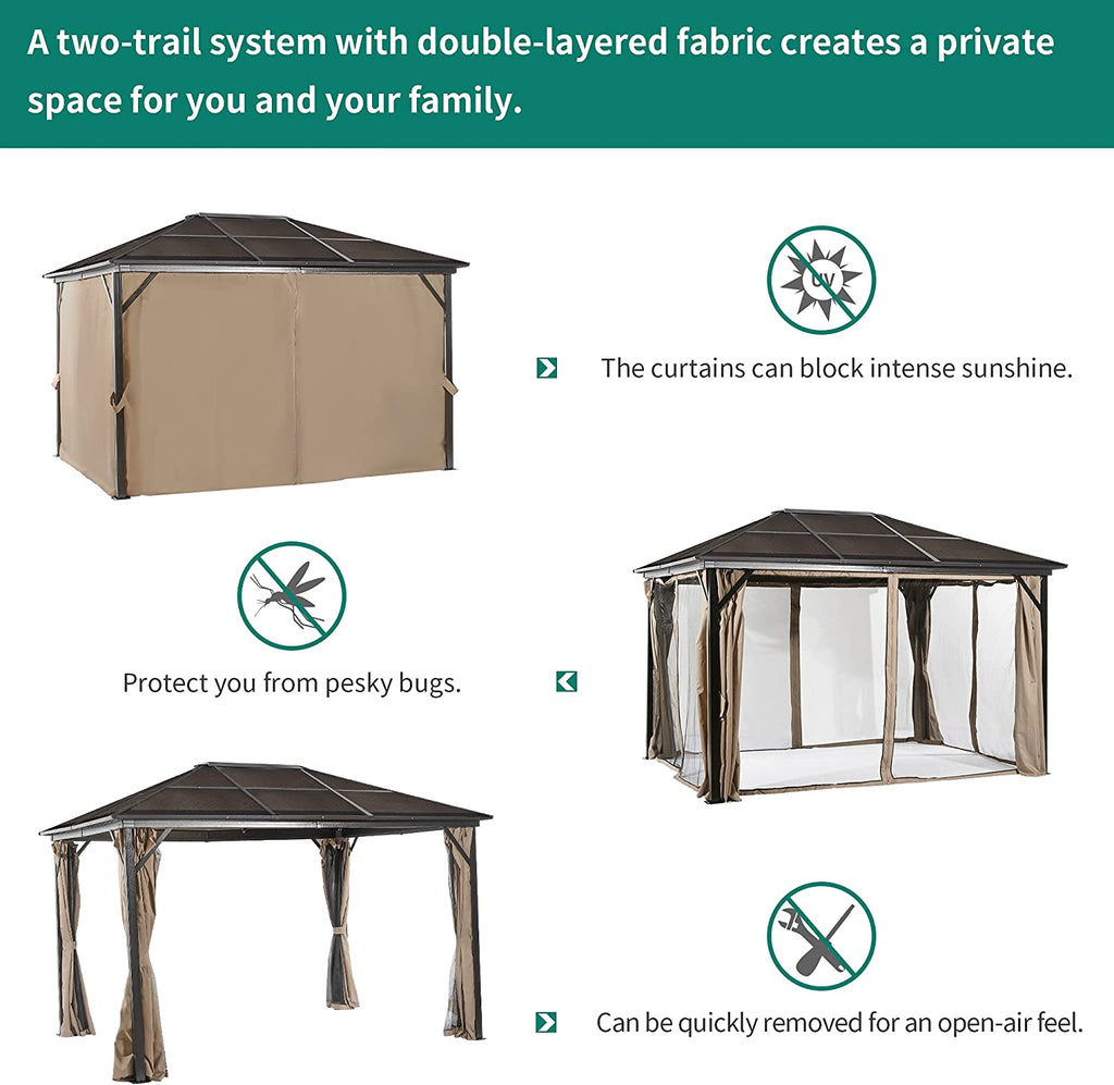 10x12 ft Hardtop Gazebo with Netting and Shaded Curtains, Aluminum Frame Polycarbonate V30078
