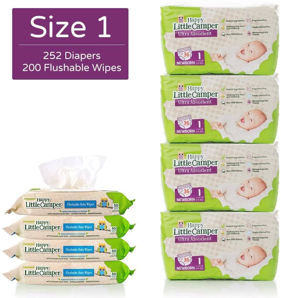 Natural Diapers, Flushable Wipes, Monthly Pack, Size 1, 252 Count B7961