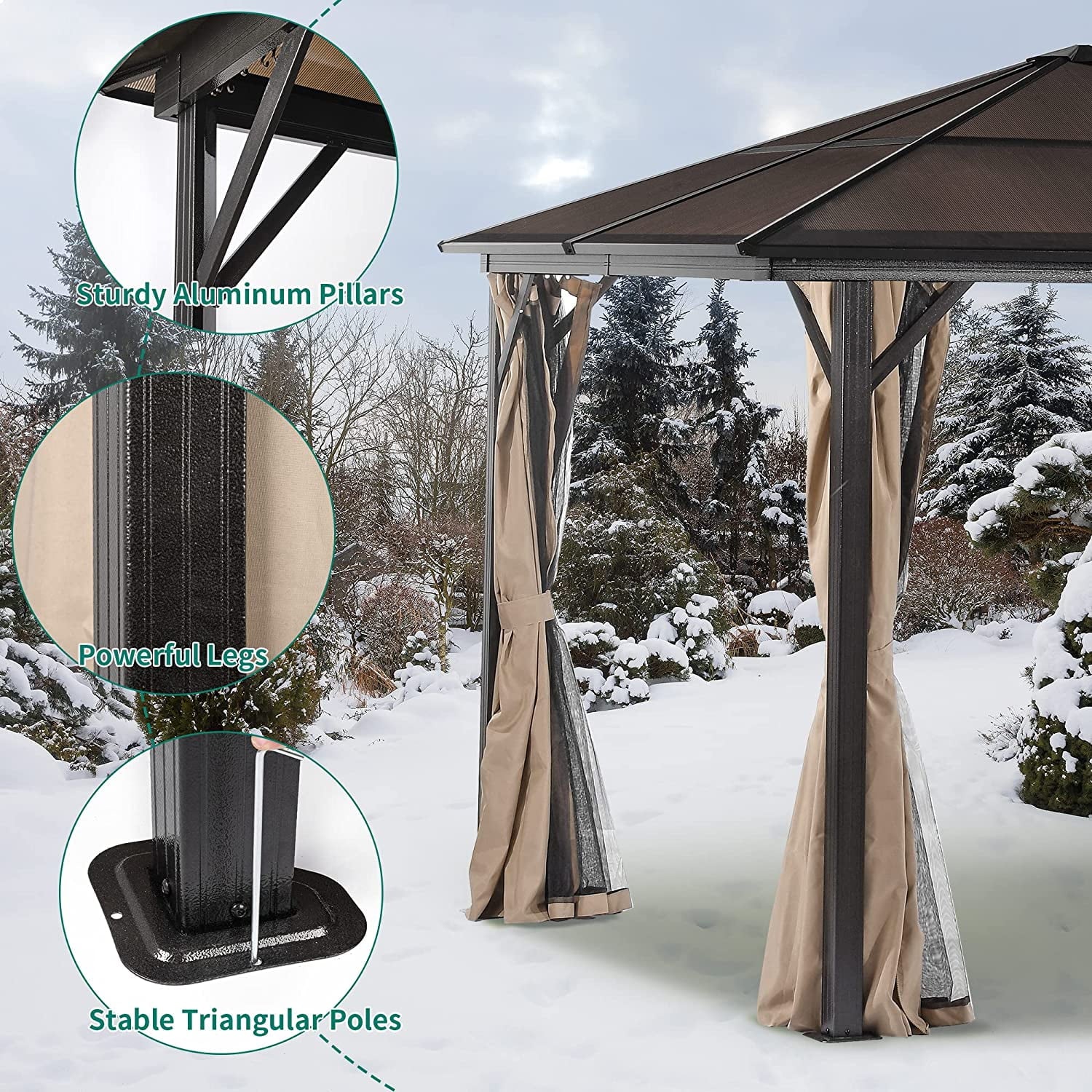 10x12 ft Hardtop Gazebo with Netting and Shaded Curtains, Aluminum Frame Polycarbonate V30078