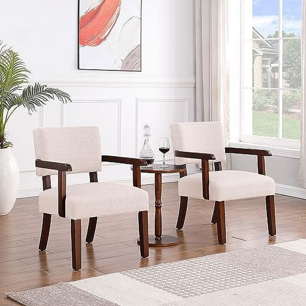 Beige Linen Fabric Arm Chair with Wood Frame N5490