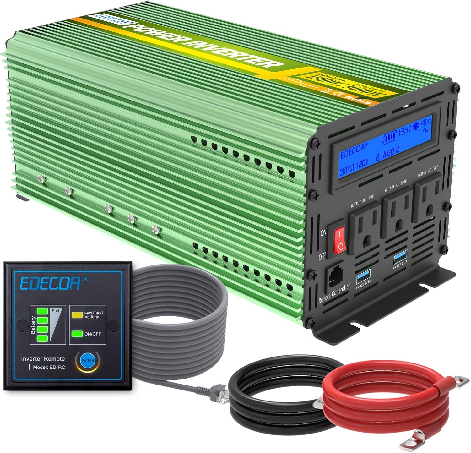 1500W Peak 3000W Pure Sine Wave Power Inverter DC 12V to 110V AC with LCD Display and Remote Controller I31438