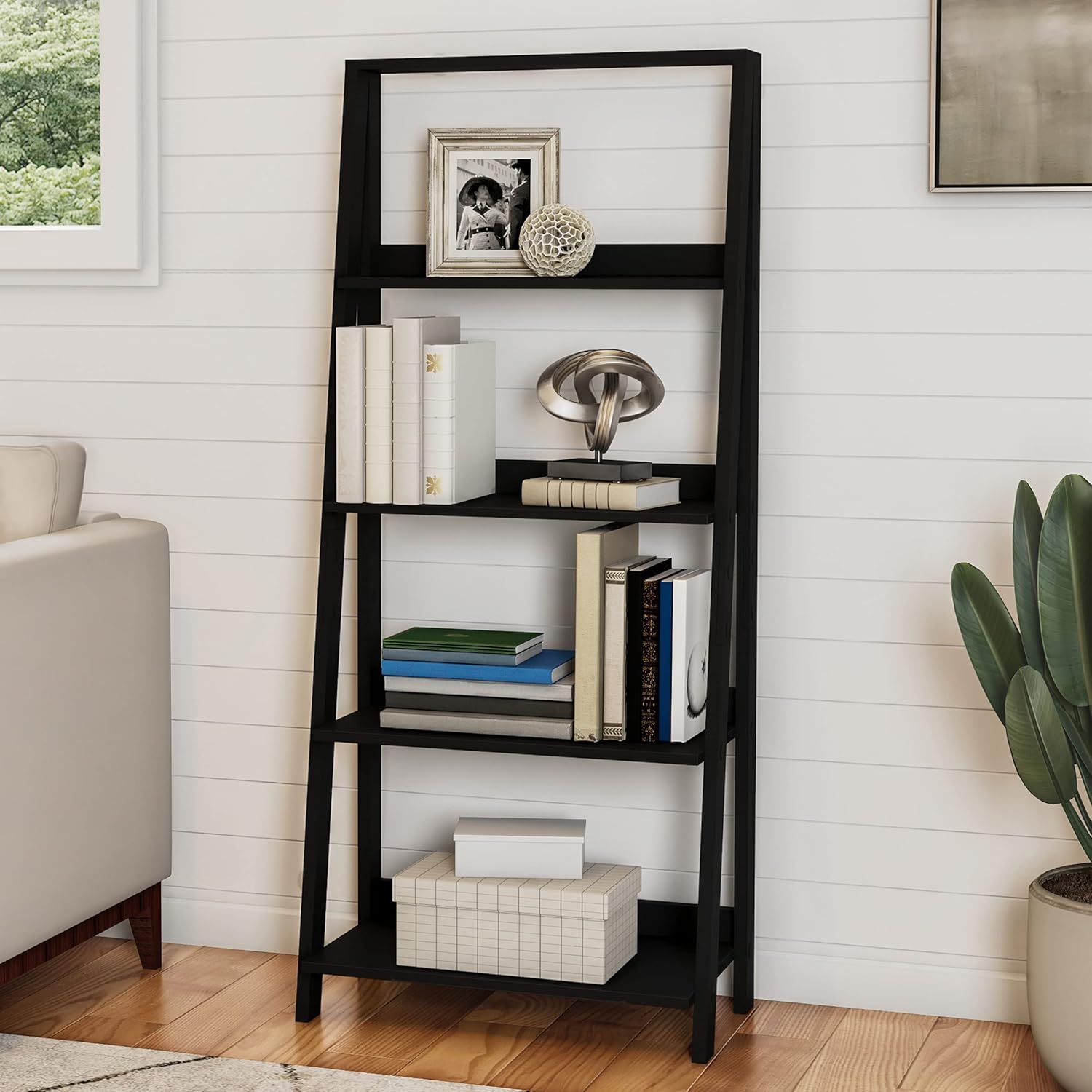 Black 4-Tier Wooden Ladder Bookshelf F6317
