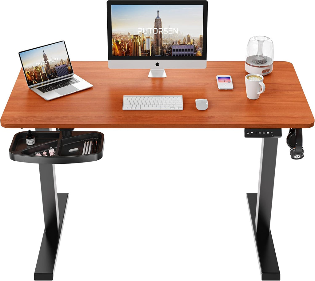 Electric Height Adjustable Standing Desk with Splice Board, Black Frame/Rustic Brown Top S993002