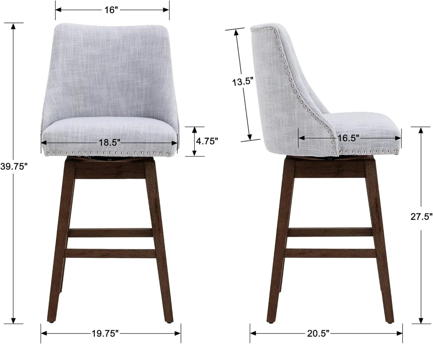 27 inch Swivel Barstools with Wood Legs Linen Fabric Upholstered Grey A174