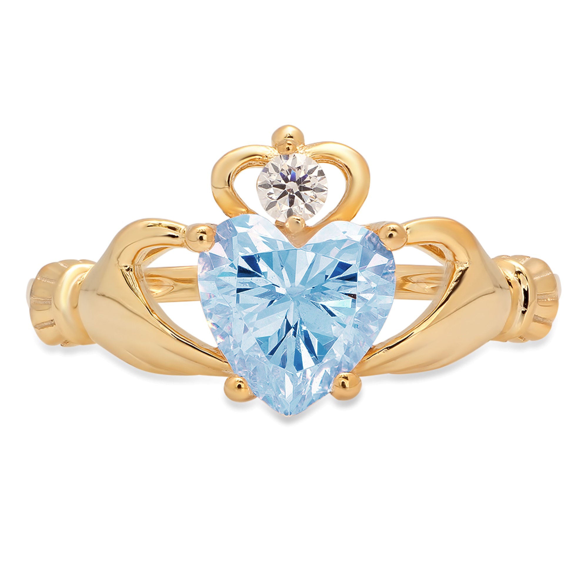 1.06ct Heart Cut Natural Sky Blue Topaz 14k Yellow Gold Claddagh Ring Size 7.25 E991