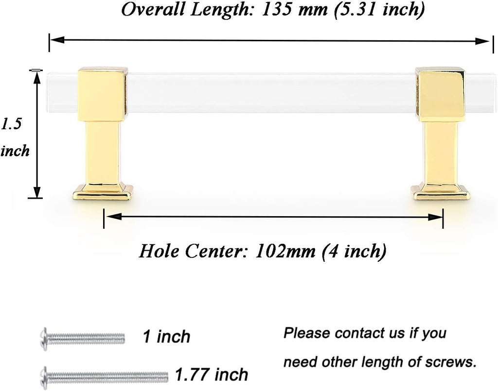 25 Pack 4 Inch Hole Center Gold Cabinet Handles with Square Acrylic Tube and Zinc Alloy Base K1919