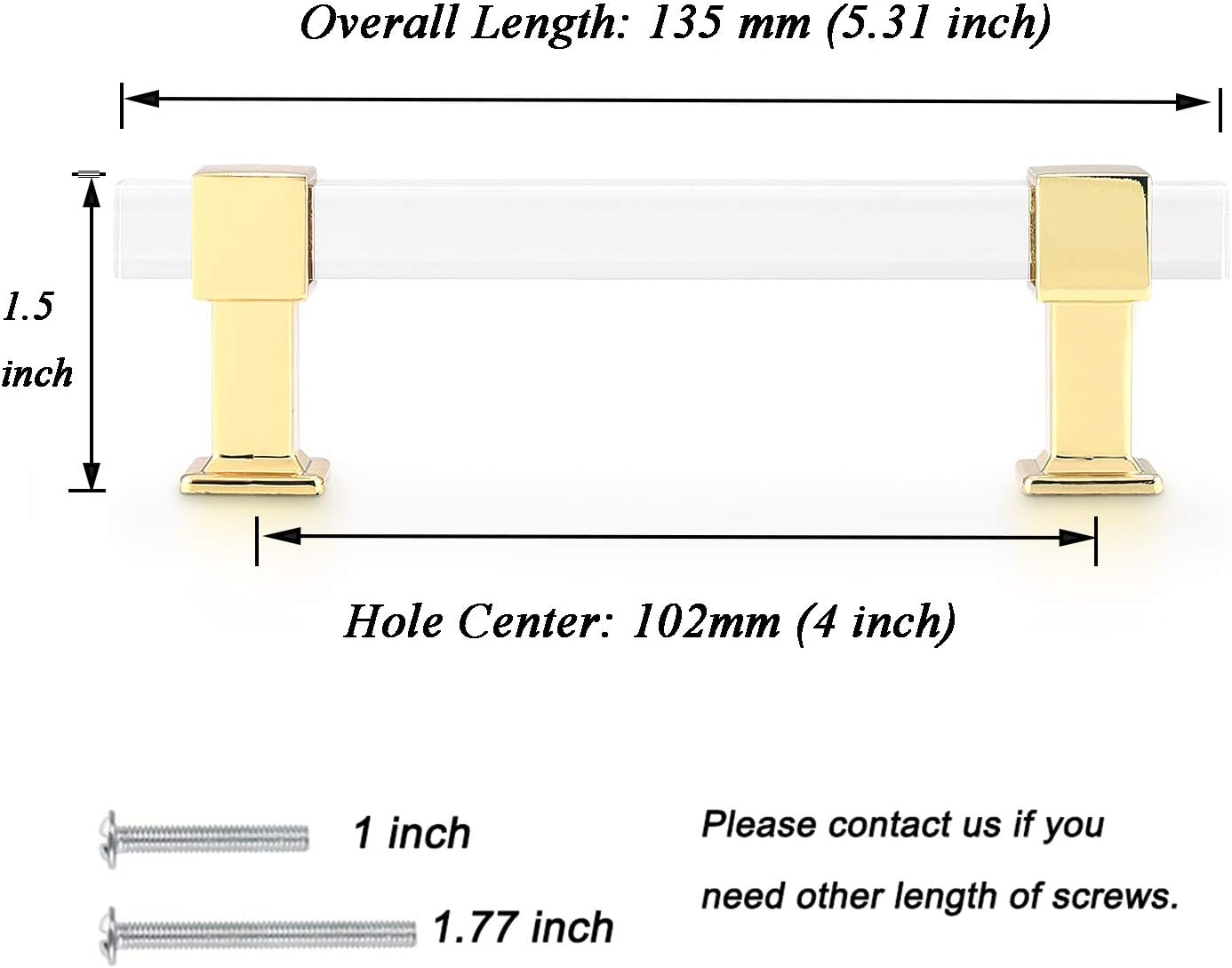 25 Pack 4 Inch Hole Center Gold Cabinet Handles with Square Acrylic Tube and Zinc Alloy Base K1919