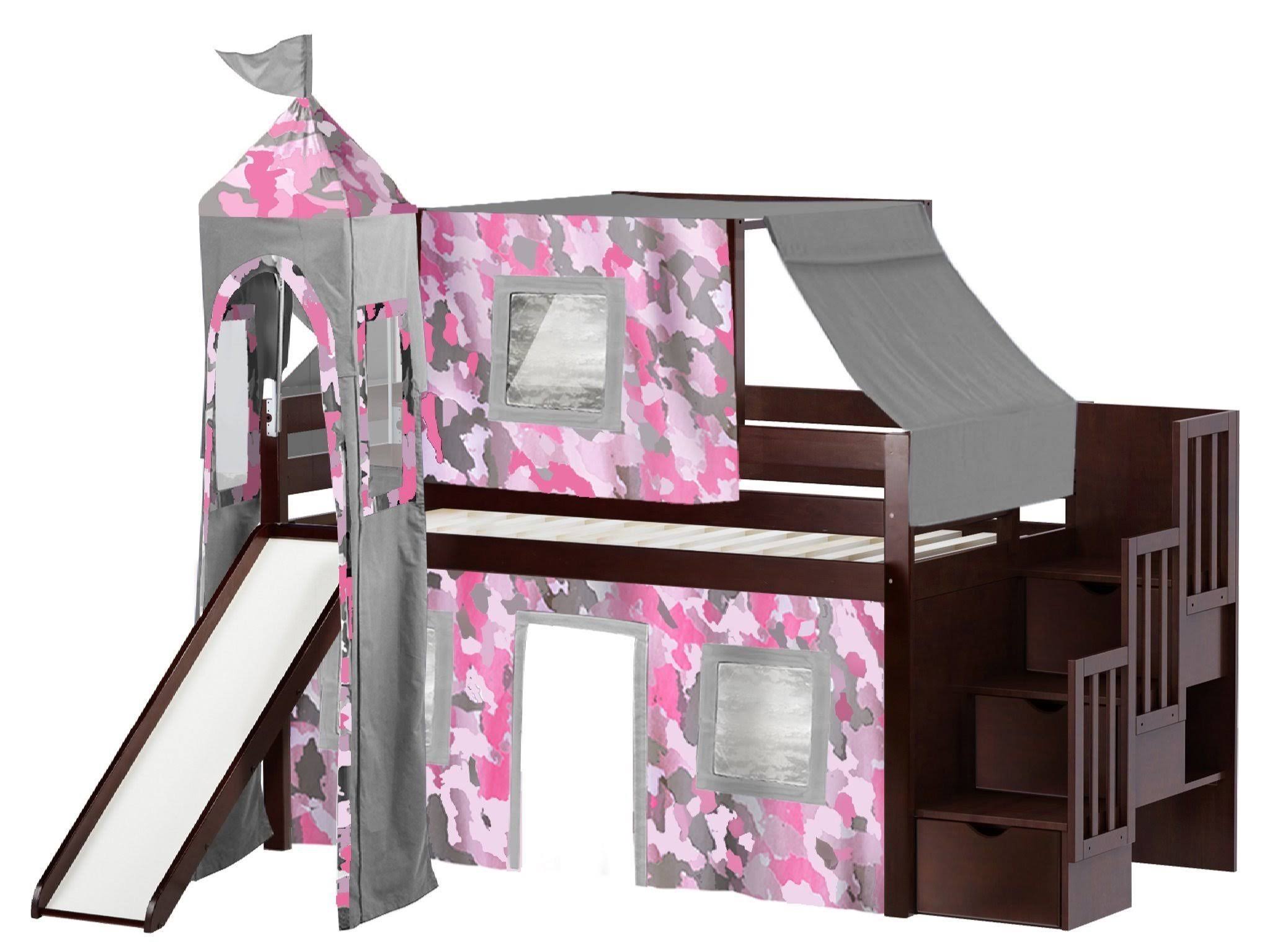 Twin Low Loft Stairway Bed with Slide and Tent Z956782