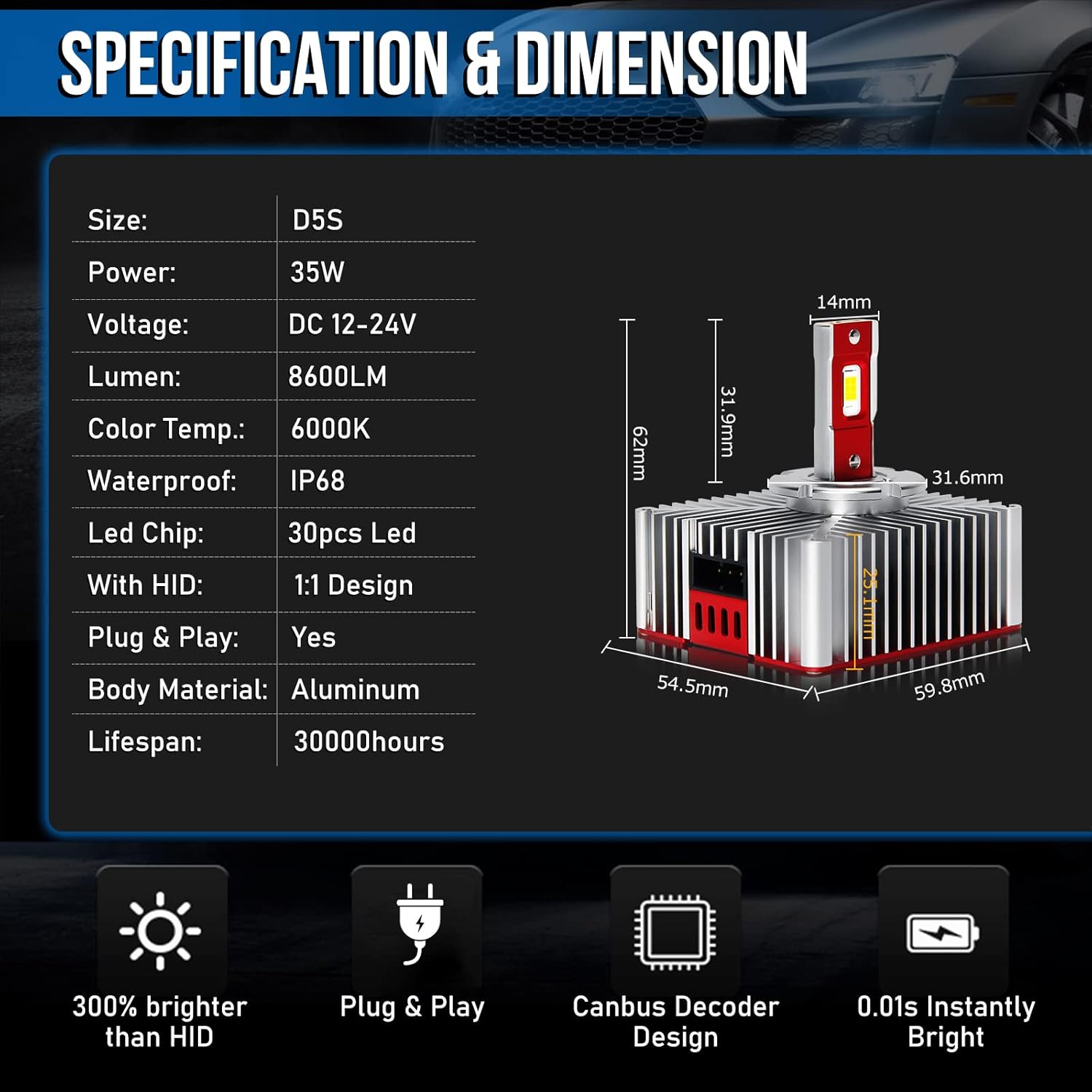 D5S LED Headlight Bulb Conversion Kit, 8600LM 6000K 70W, Pack of 2 U73097