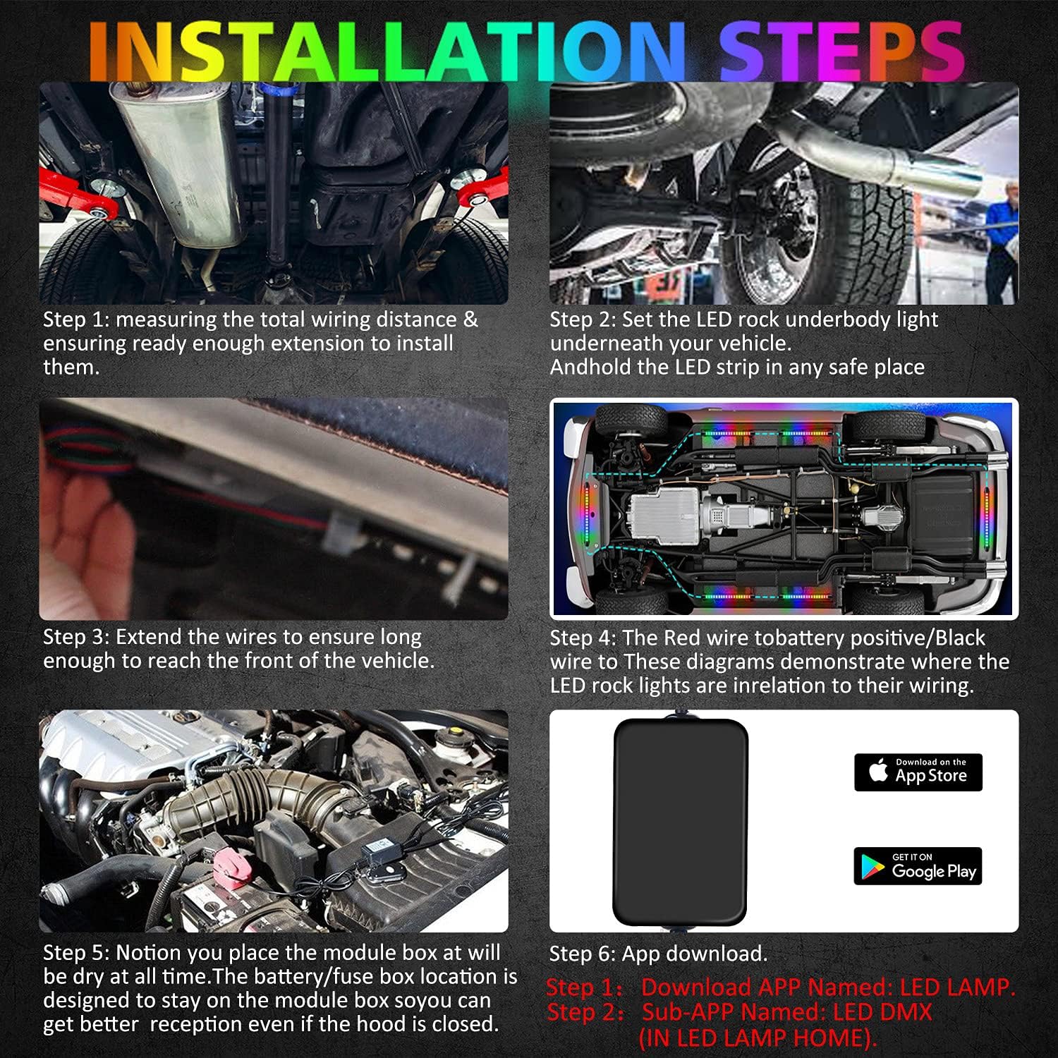 6PCS 216-LEDs Double-Row Neon Underbody LED Strips Kit with APP IP68 12V C78149