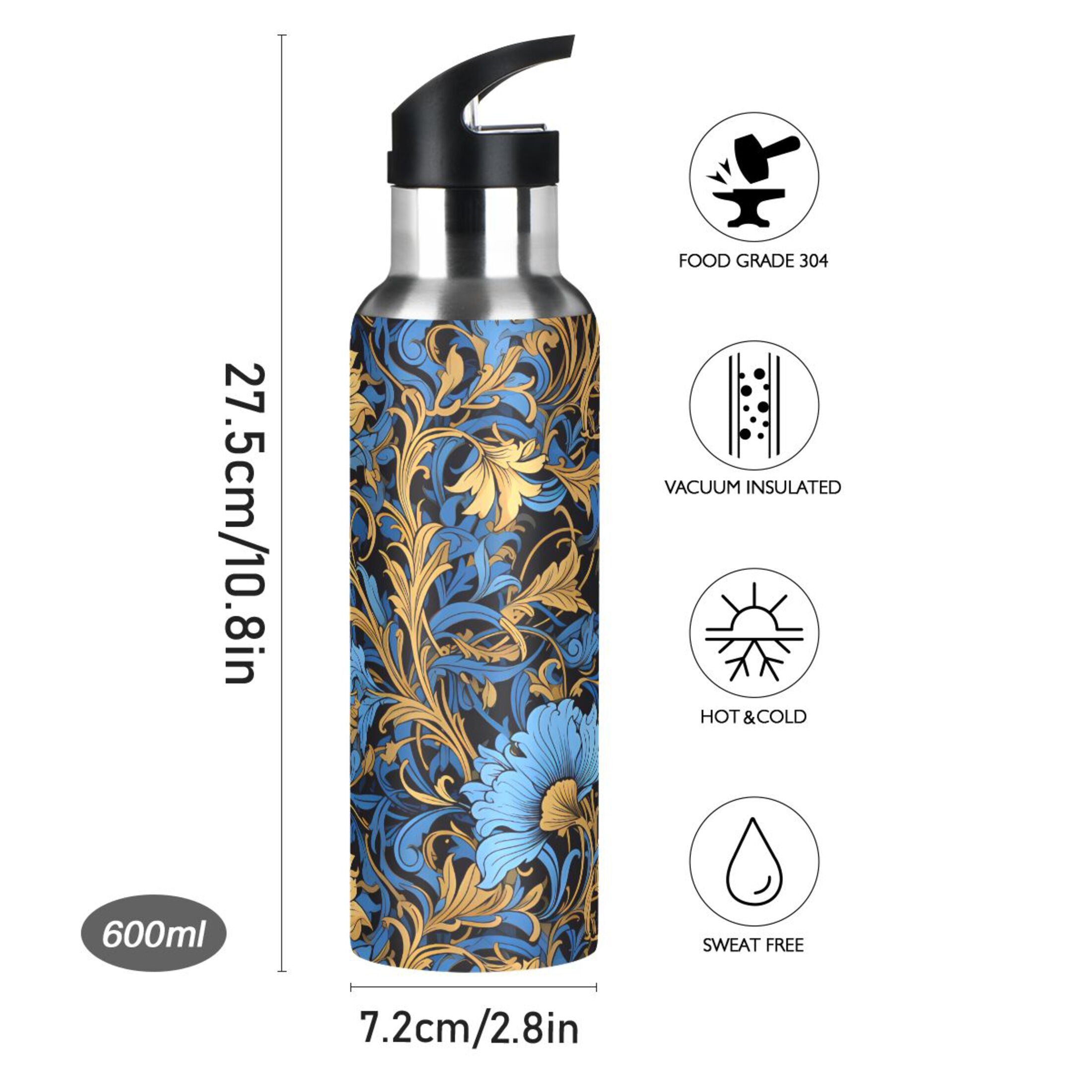 Blue Flowers Stainless Steel Insulated Water Bottle with Straw Lid K11494