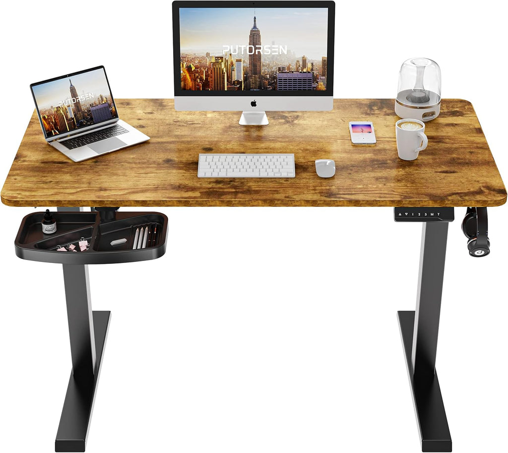 Electric Height Adjustable Standing Desk with Splice Board, Black Frame/Rustic Brown Top S993002