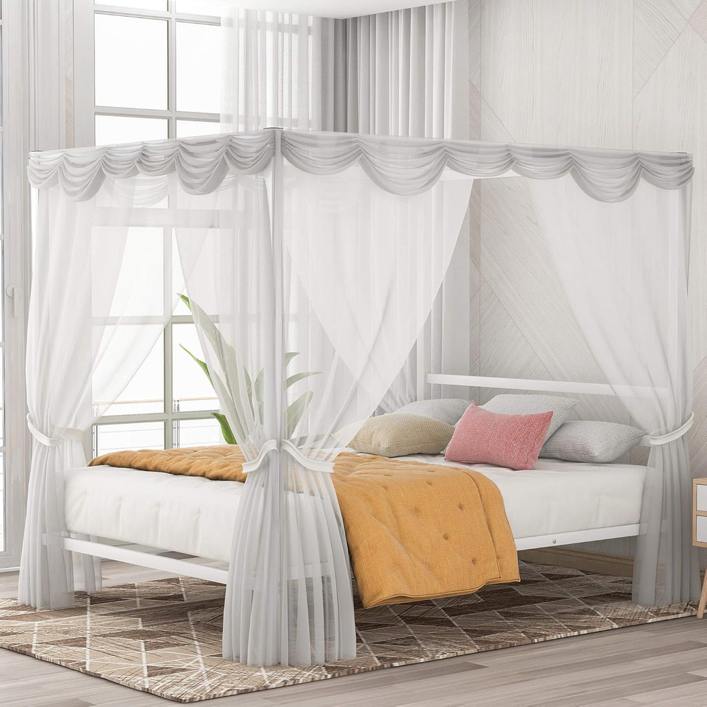 Queen Size Metal Canopy Bed Frame with Built-in Headboard D91300