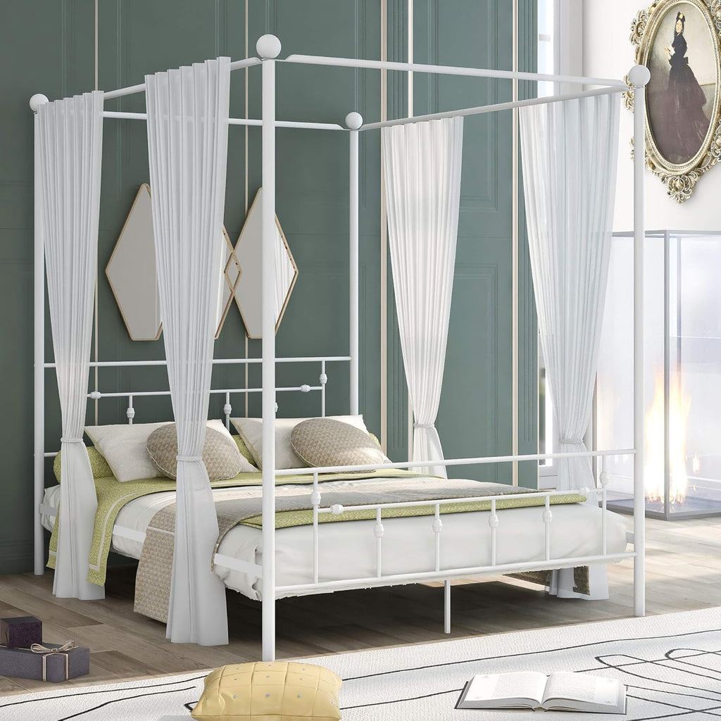 Queen Size Metal Canopy Bed Frame with Built-in Headboard D91300