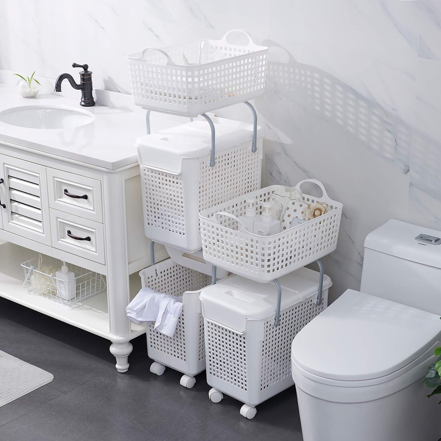 White 2-in-1 Laundry Hamper and Basket Set with Lid and Wheels J36555