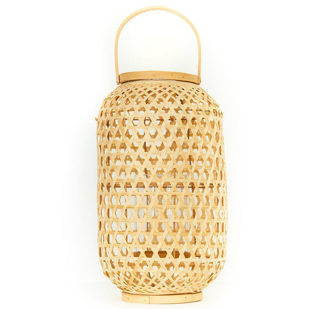 Rattan Candle Lantern with Glass Shade, 15.5 inch H x 9.5 inch W, Beige U757