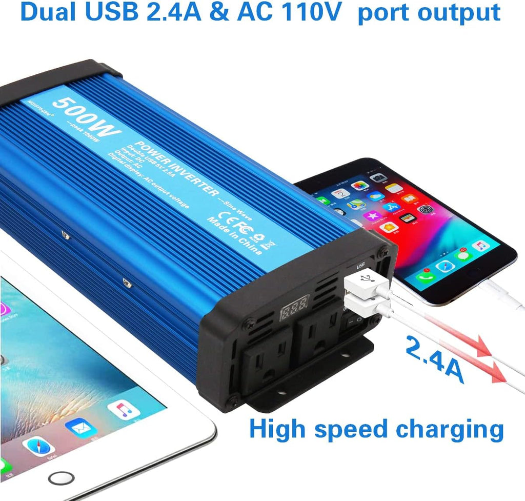 500W Pure Sine Wave Power Inverter DC 12V to 110V AC with 2.4A USB Car Charger Adapter I28296