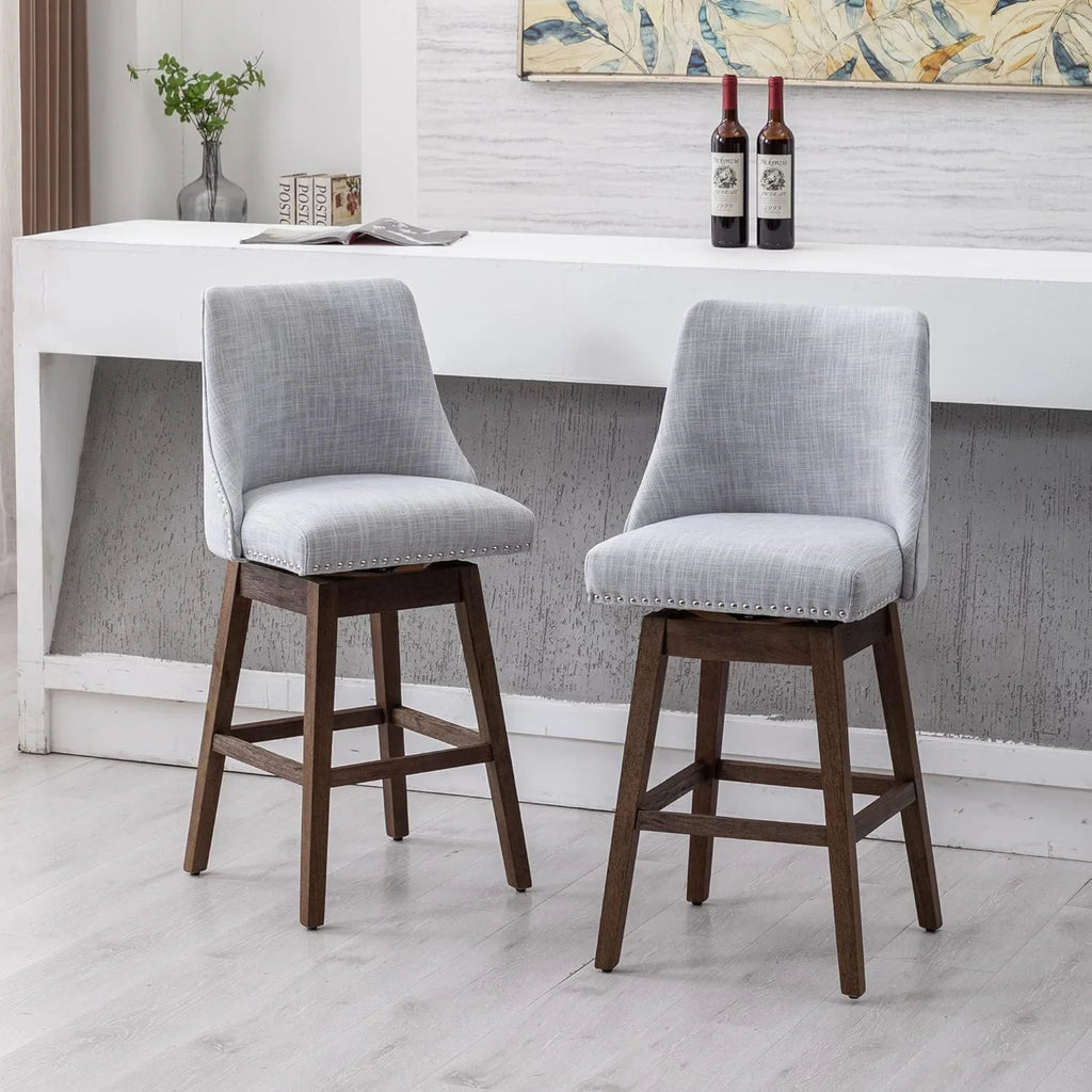 27 inch Swivel Barstools with Wood Legs Linen Fabric Upholstered Grey A174