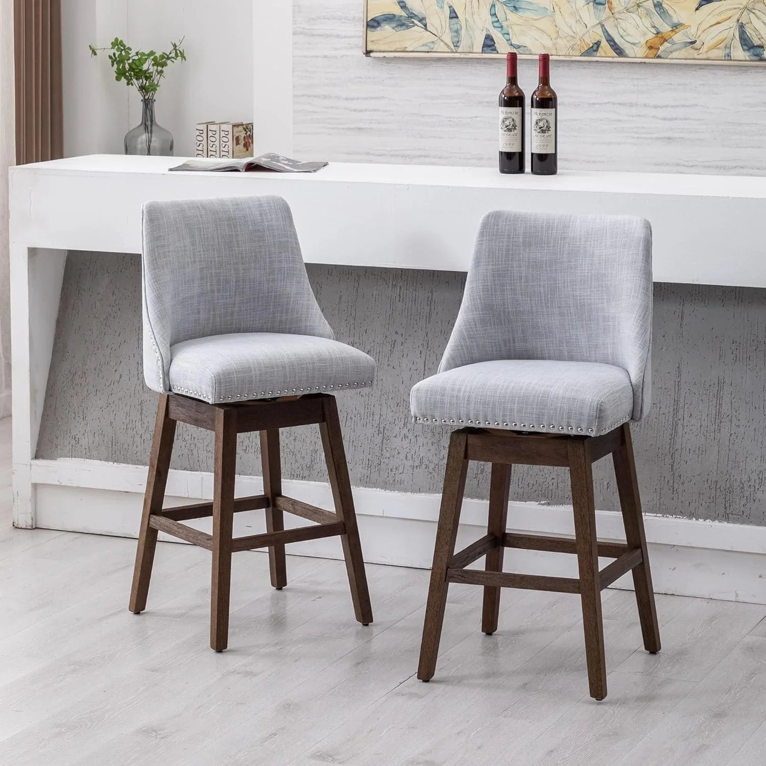 27 inch Swivel Barstools with Wood Legs Linen Fabric Upholstered Grey A174