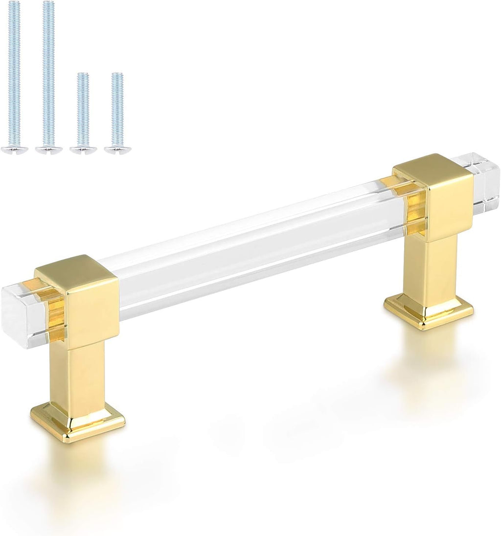 25 Pack 4 Inch Hole Center Gold Cabinet Handles with Square Acrylic Tube and Zinc Alloy Base K1919