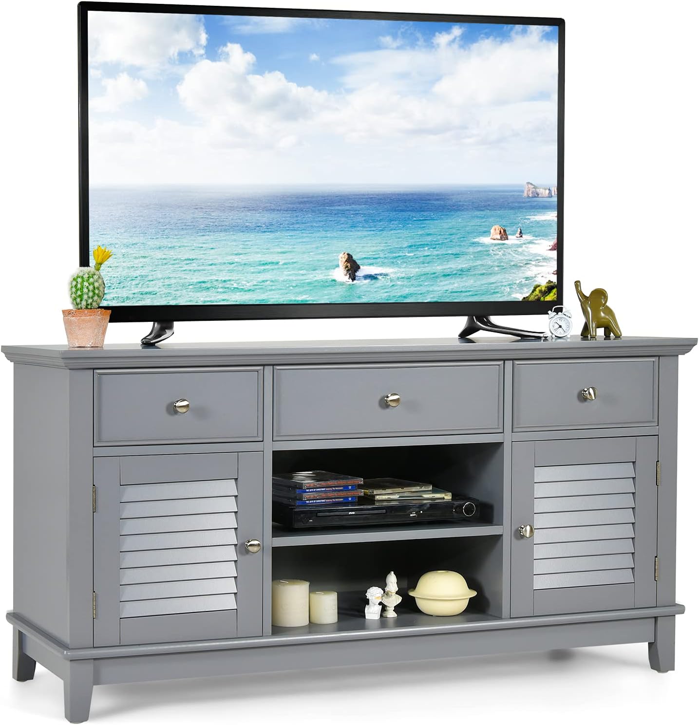 Wood TV Stand with 3 Drawers & 2 Shutter Door Cabinets (Brown) U612