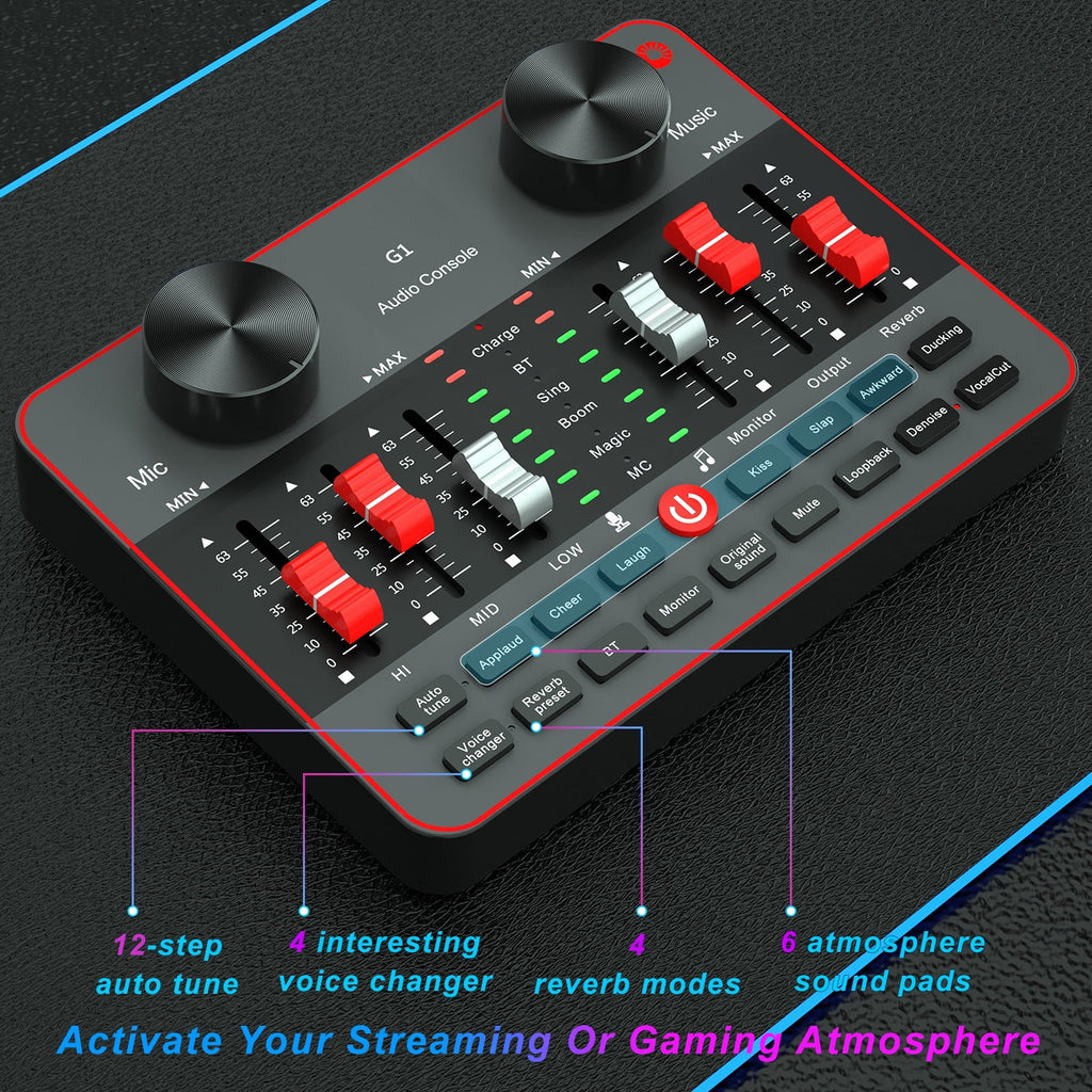 Podcast Equipment Bundle with Two E300 Studio Condenser Microphones and G1 Audio Interface Sound Board Voice Changer V8904