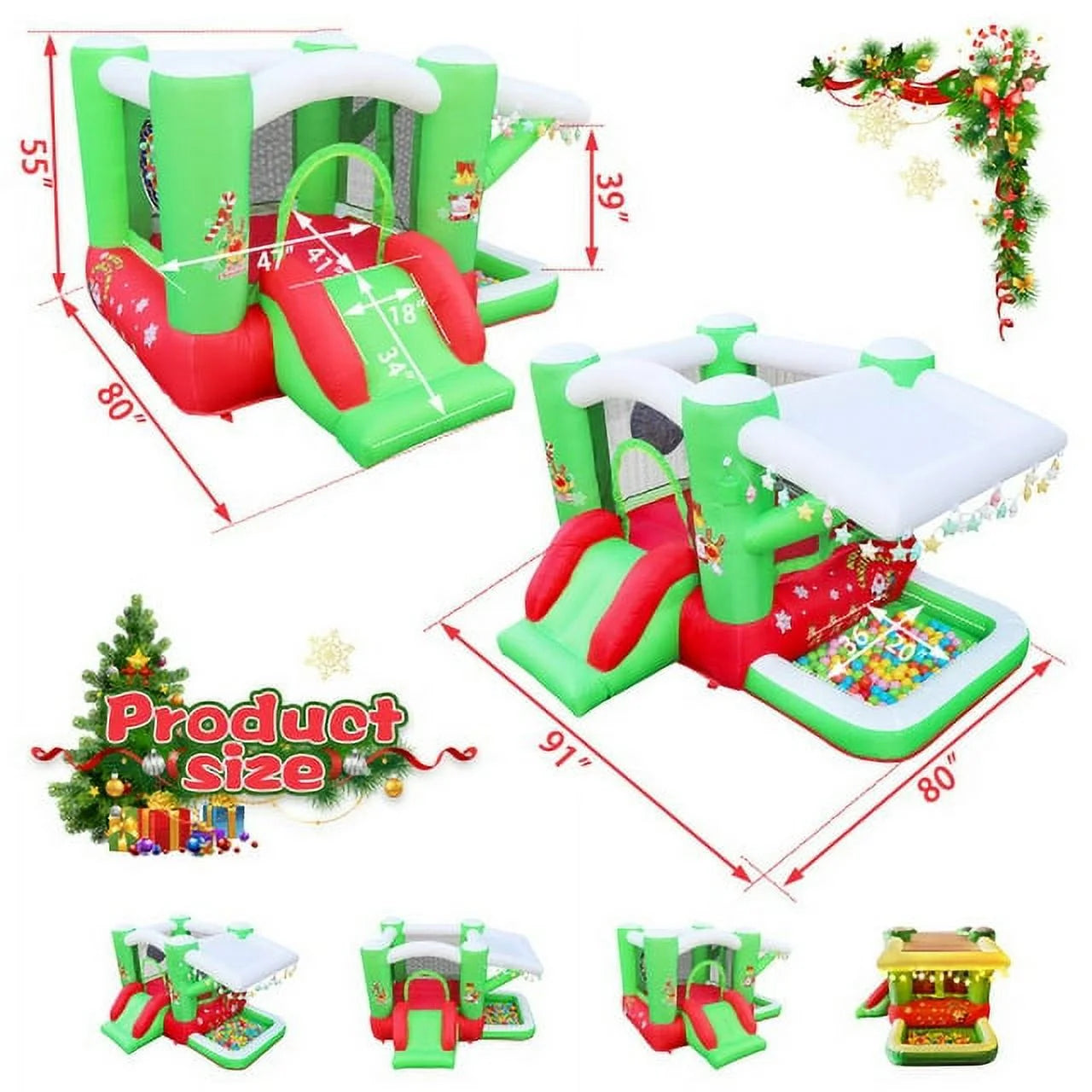 Christmas Jump 'n Slide Inflatable Bouncer with Blower, 80" x 91" Play Area, 55" Tall F2787