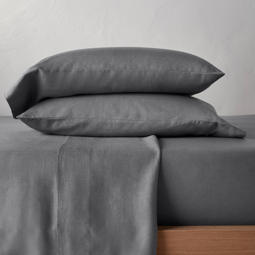 Queen 100% Washed Linen Solid Sheet Set Dark Gray R1866