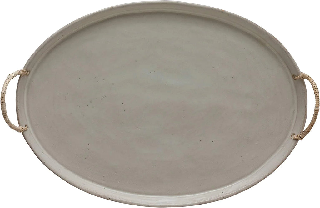 Stoneware Platter with Rattan Wrapped Handles, Reactive Glaze, White & Brown G257170