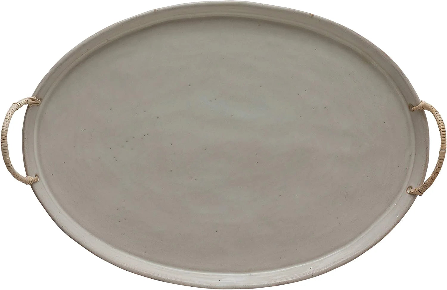 Stoneware Platter with Rattan Wrapped Handles, Reactive Glaze, White & Brown G257170