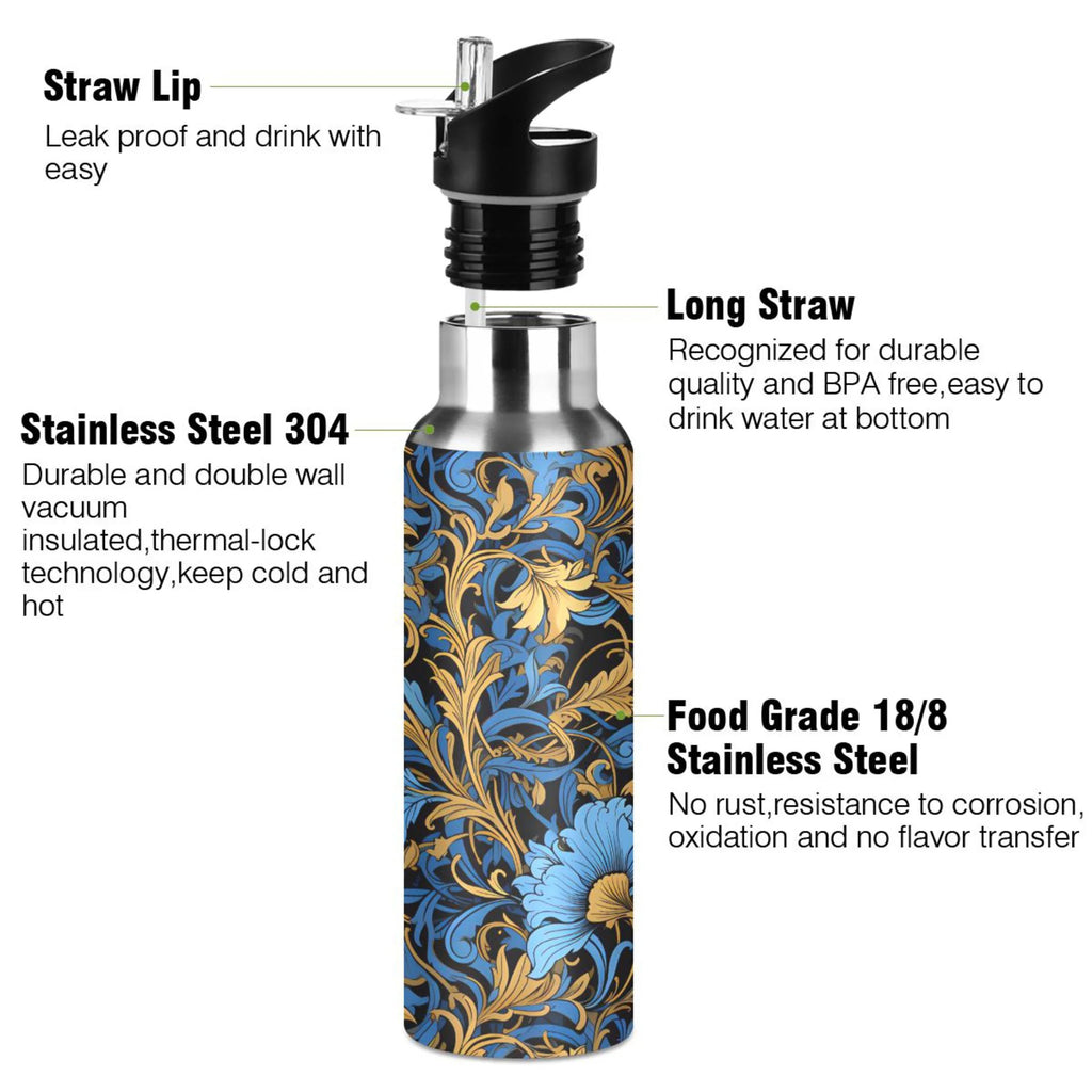 Blue Flowers Stainless Steel Insulated Water Bottle with Straw Lid K11494