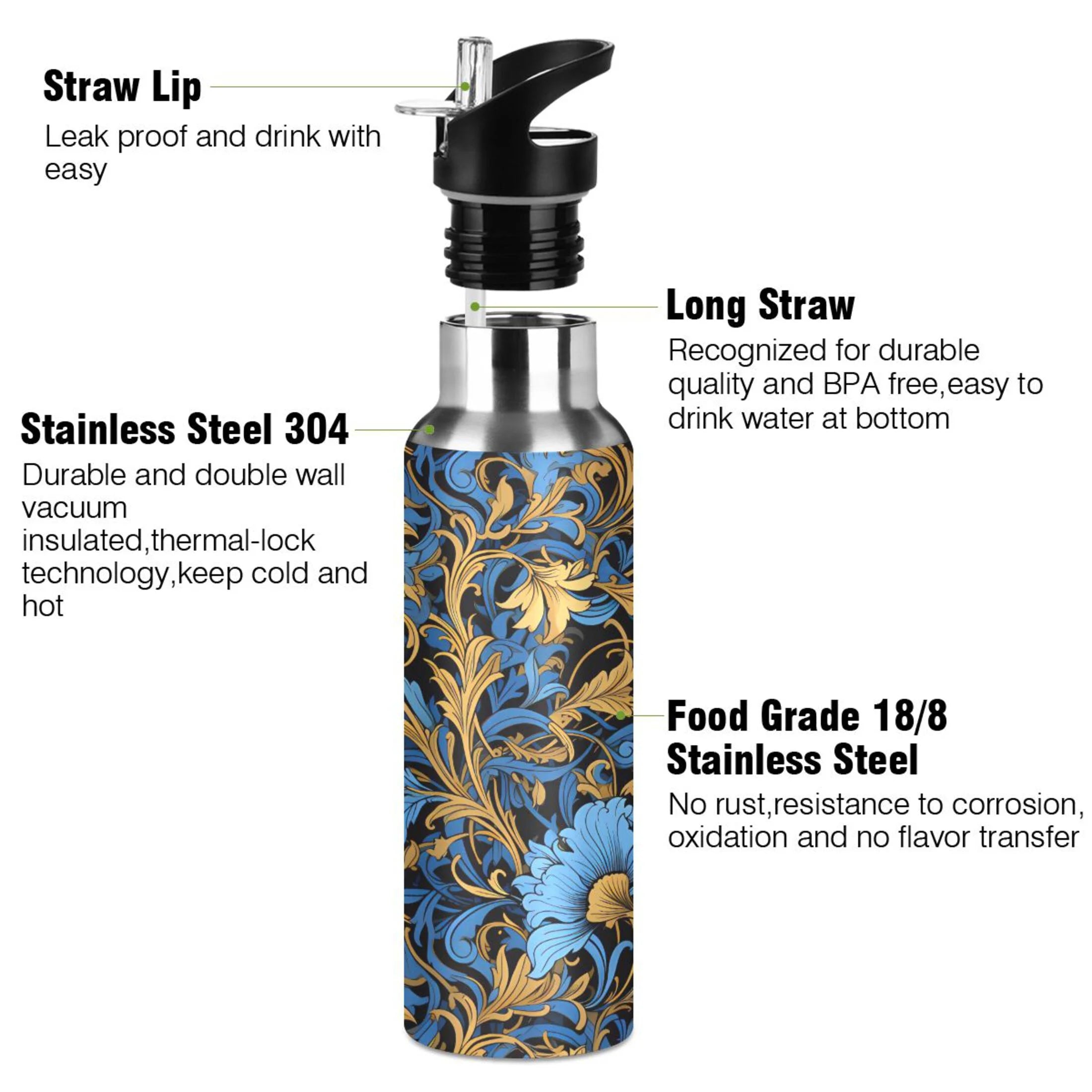 Blue Flowers Stainless Steel Insulated Water Bottle with Straw Lid K11494