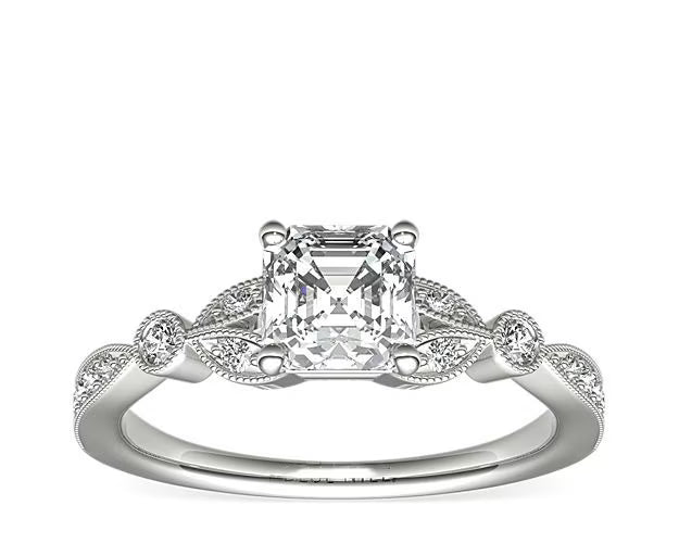 14K White Gold Solitaire Ring with Accents T8677