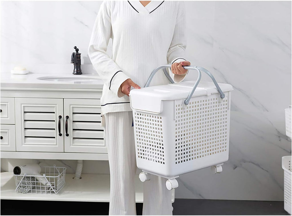 White 2-in-1 Laundry Hamper and Basket Set with Lid and Wheels J36555