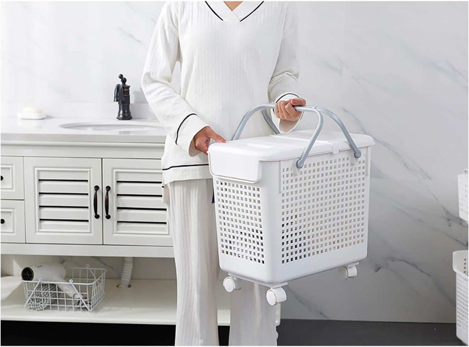 White 2-in-1 Laundry Hamper and Basket Set with Lid and Wheels J36555