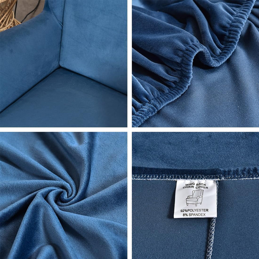 Navy Velvet Stretch Wingback Chair Sofa Slipcover with Elastic Bottom B514763