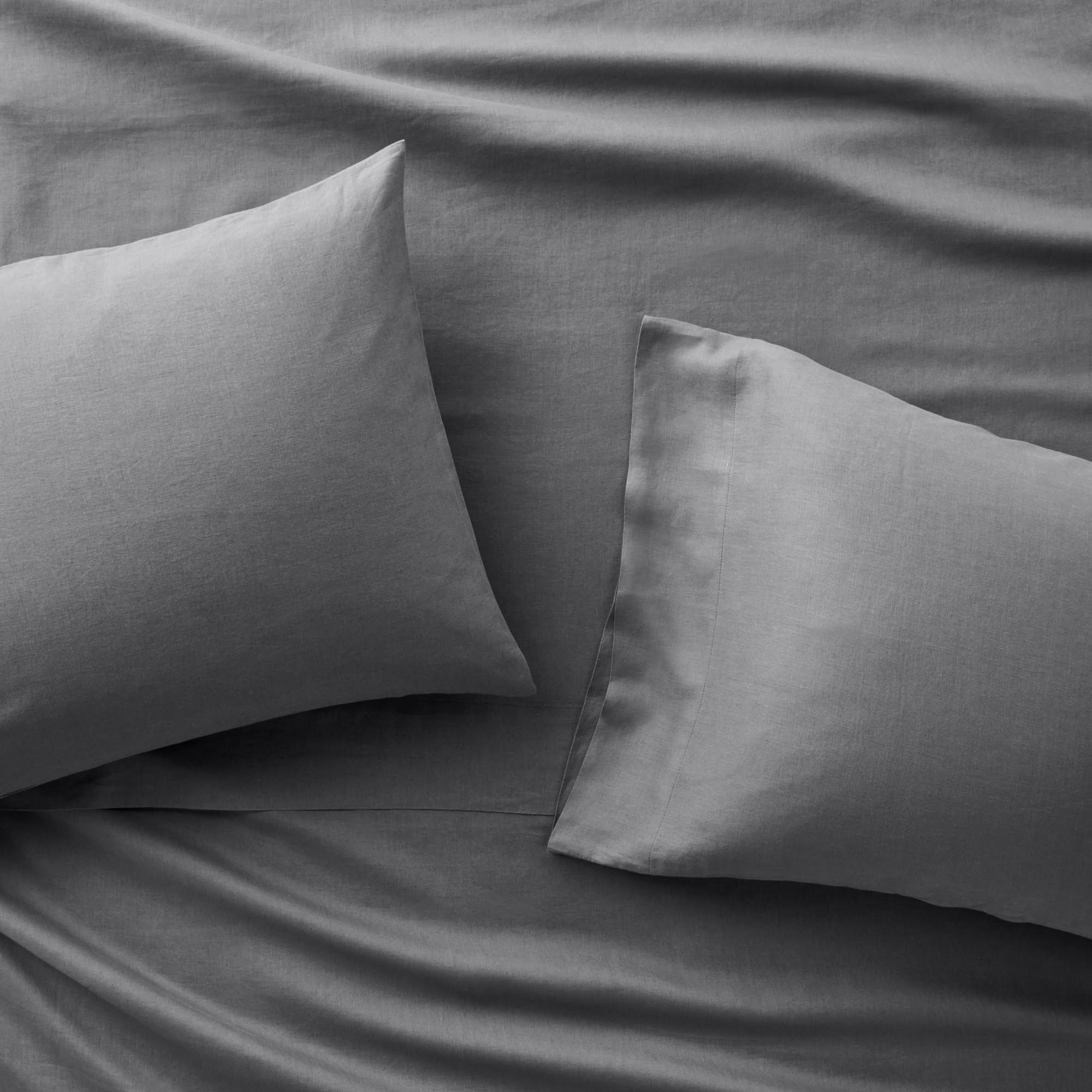 Queen 100% Washed Linen Solid Sheet Set Dark Gray R1866