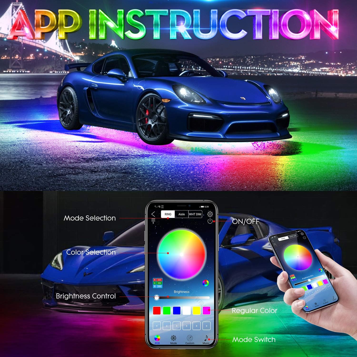 6PCS 216-LEDs Double-Row Neon Underbody LED Strips Kit with APP IP68 12V C78149