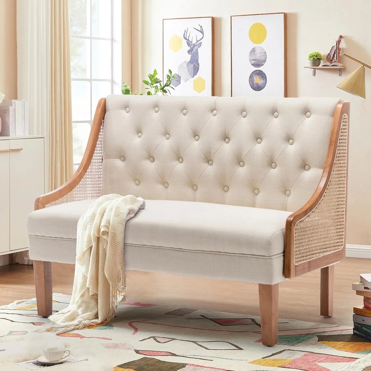 Linen Button Tufted Settee Loveseat Sofa Dining Bench with Back H60344