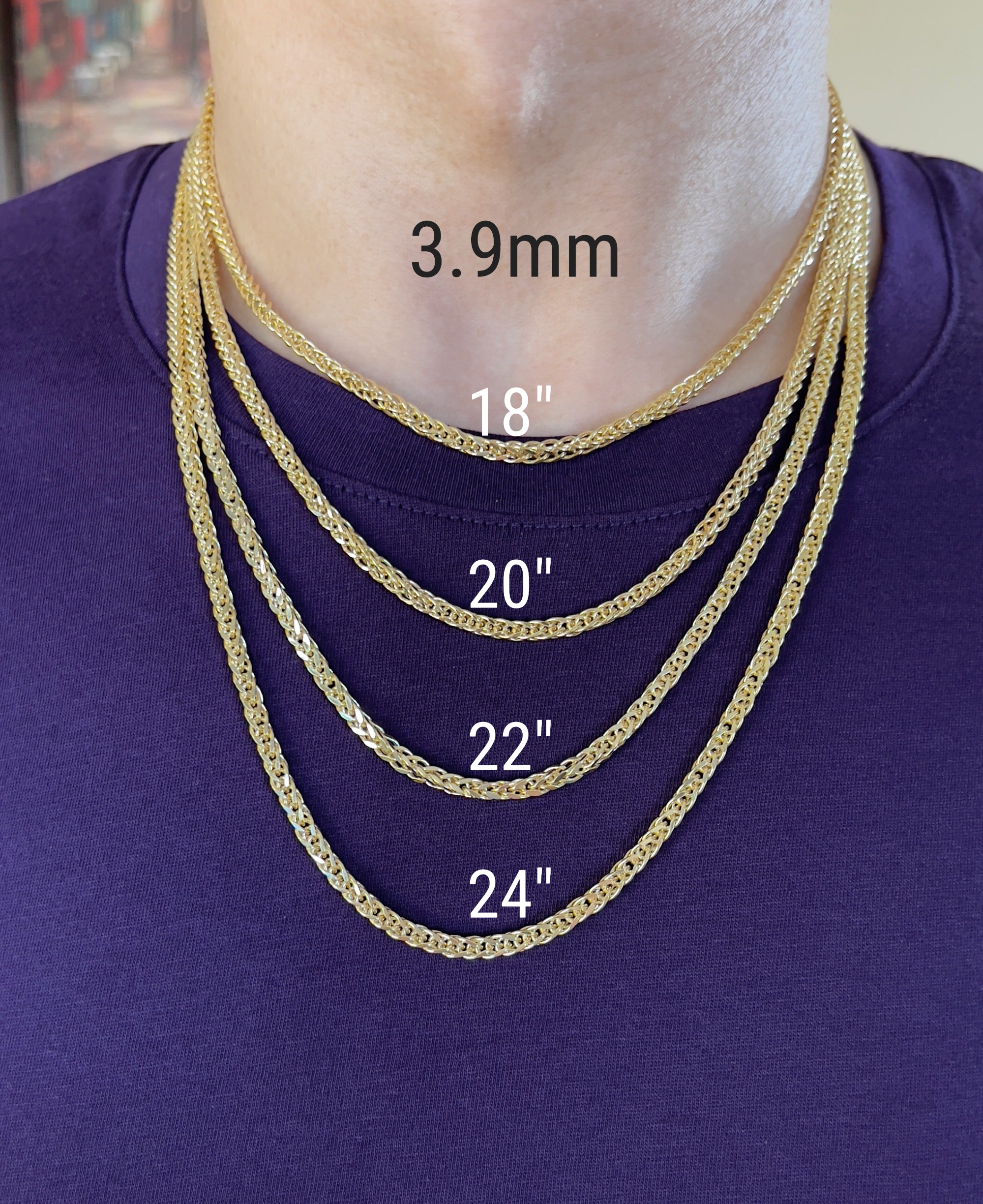 14K Yellow Gold Square Franco Wheat Pendant Chain Diamond Cut Necklace 16" 18" 20" 22" 24" Lobster Clasp L25403