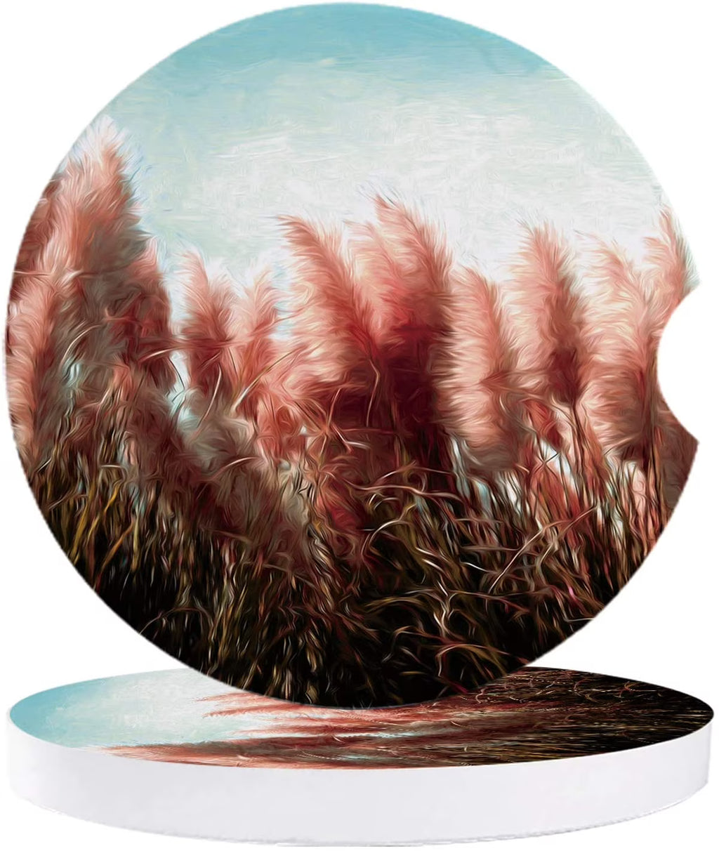 Pink Reeds Oil Painting Style Set of 6 Ceramic Stone Coasters with Cork Base U829