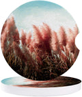 Pink Reeds Oil Painting Style Set of 6 Ceramic Stone Coasters with Cork Base U829